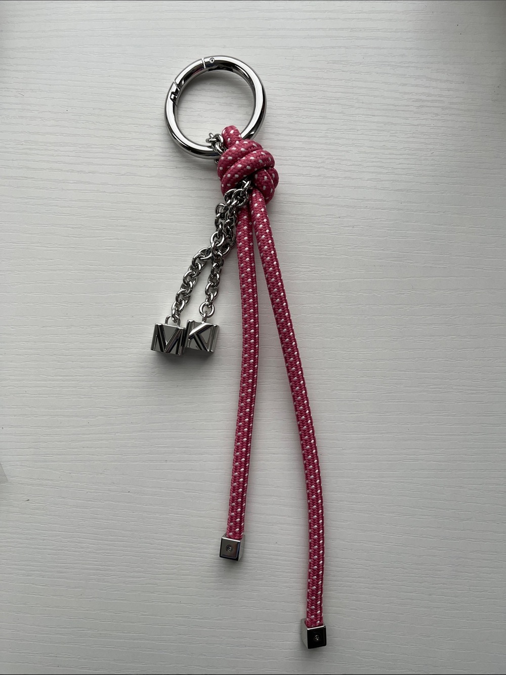 Michael Kors Pink Braided Rope Tassel Keyring, Bag Charm with Silver MK Charms - Picture 5 of 12